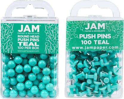 JAM PAPER Colorful Push Pins - Flat & Round Head Thumb Tack Combo Set - Teal Pushpins - 200/Pack
