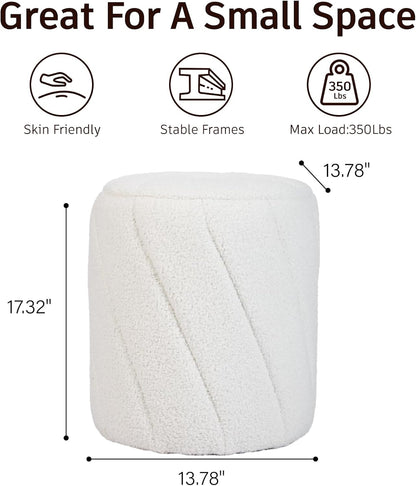 Modern Round Ottoman, Spiral-Tufted Foot Stool Ottoman, Teddy Fleece Upholstered Vanity Stool for Makeup, Bedroom, Living Room, White