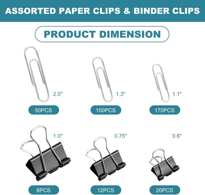 360 Pcs Binders & Paperclips Assorted Sizes with Container, Silver Paper Clips & Black Binder Clips Office Supplies, Paper Clamps for Office, Home, School