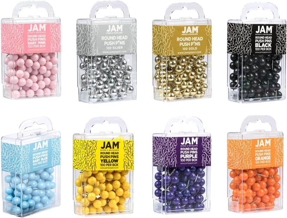 JAM PAPER Colorful Push Pins - Round Head Thumb Tacks - Assorted Color Pushpins - 8 Packs of 100