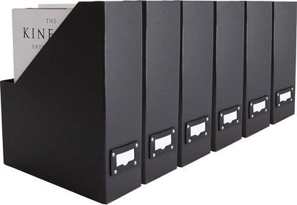 Blu Monaco Foldable Black Magazine File Holder with Leather Label Holder - Set of 6 Cardboard Magazine File Boxes Desk File Organizer