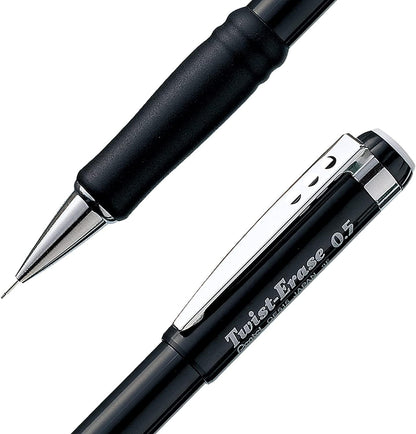 Pentel Mechanical Pencil 0.5 mm Twist Erase III, Twist Up Eraser, Pre-Loaded Super Hi-Polymer HB Lead, Black Barrel, 3-Pack