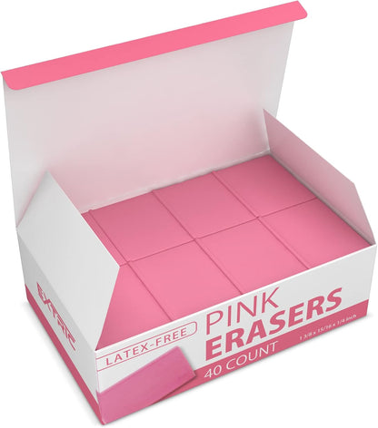 Pink Erasers, 40 Count, Latex Free Eraser for Kids, Square Eraser, Erasers Bulk for School Supplies, Art, and Office Use