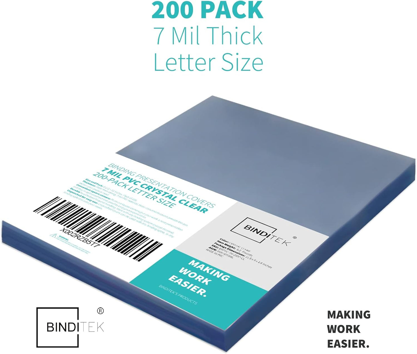 Binditek 200 Pack 7 Mil Clear Presentation Covers for Binding, 8.5 x 11 Inches, Letter Size, Square Corners, Un-Punched, Office Supplies