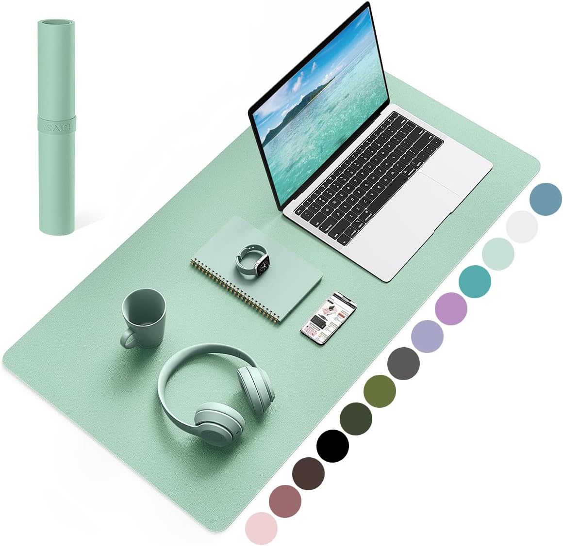 YSAGi Non-Slip Leather Desk Pad, Waterproof Laptop Computer Desk Keyboard Mat, Table Protector Blotter Mat, Large Mouse Pad for Office/Work/Home/Decor(Pale Green, 31.5" x 15.7")