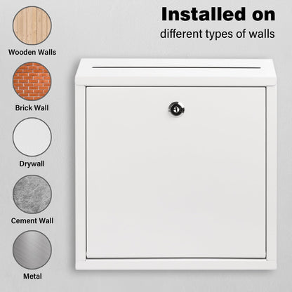 Suggestion Box with Lock and Slot, Wall Mounted Metal Drop Box with 4 Keys, Secure Locking Box for Cash and Ballots, Office MailBox, 10.4 x 2.9 x 11 Inch, White