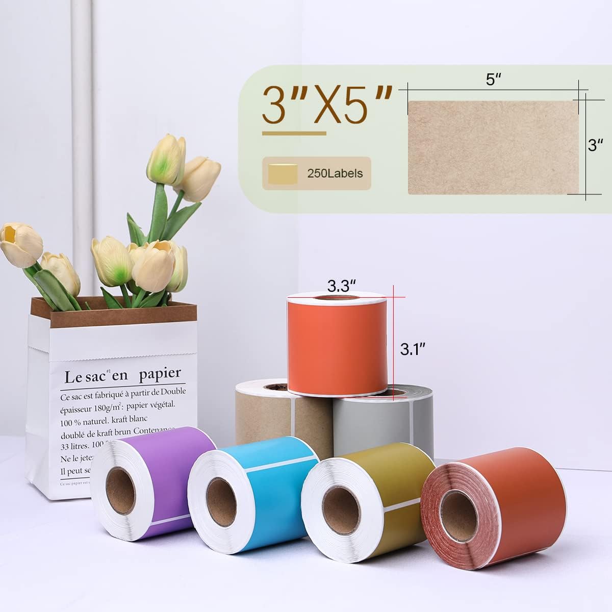 PARLAIM 5 X 3 inch Natural Brown Kraft Paper Inventory Labels Rectangle Color Coding Stickers, 250PCS Permanent Warehouse Moving Box Square Label