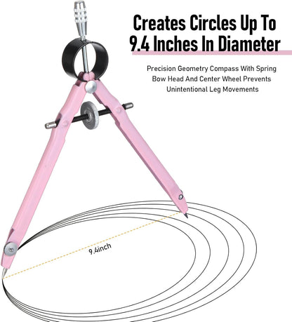 EBOOT Student Geometry Math Set, Drawing Compass and 6 Inch Clear Swing Arm Protractors 180 Degree Math Protractor (Pink)