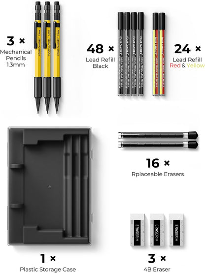 Four Candies 3PCS 1.3mm Mechanical Pencil Set with Case, Metal Heavy Duty Carpenter Pencils with 72 Refill(Red,Black,Yellow) 3Eraser, 16Eraser Refill, Weatherproof Body Outdoor Woodworking Marking