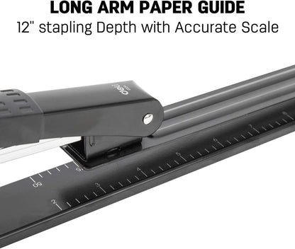 Deli Long Reach Stapler with 1000 Staples, 20 Sheet Capacity, Long Arm Standard Staplers for Booklet or Book Binding, Black