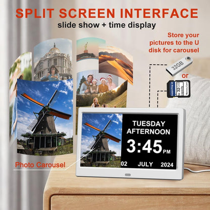 Alarm Clock with Day and Date for Elderly Digital Calendar Clock Photo Frame- Auto Dimmable Display 15 Alarm Options (10inch White)