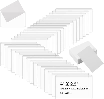 Outus 60 Sets Self Adhesive Index Card Pockets with Blank Cards 4 x 2.5 Clear Adhesive Pockets Label Holders Bin Labels for Storage Bins Organizing Box Drawer