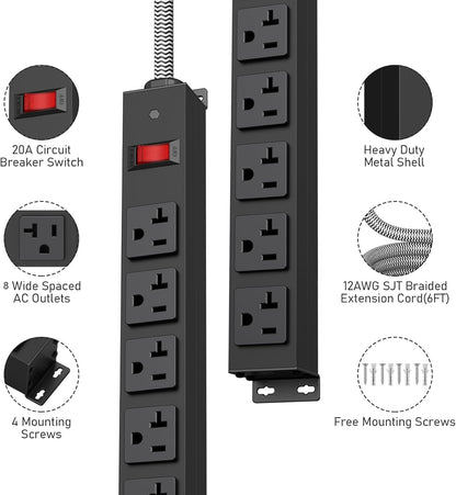 20 Amp Power Strip Heavy Duty, 12 Gauge Extension Cord for Appliance Workbench Garage Industrial, Metal 8 Outlets Combine with T-Plug Adapter 5-20R T-Slot, 1200J Surge Protector