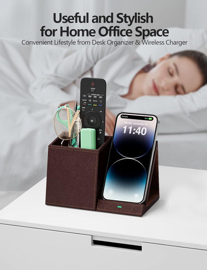 Desk Supplies Organizer, Multi-Functional Pencil Pen Holder with Wireless Charger, Desktop Stationery Organizer, Home Office Supply Storage Box Caddy (Brown)
