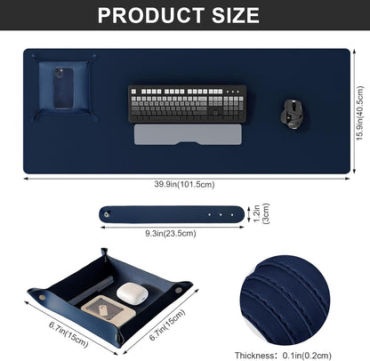 DAWNTREES Dual Sided Desk Mat,Leather Desk Pad,40"x16",Cork Desk Mat Protector,with PU Leather Valet Tray Organizer,Large Mouse Pad,Desk Writing Pad for Office and Home(Dark Blue)