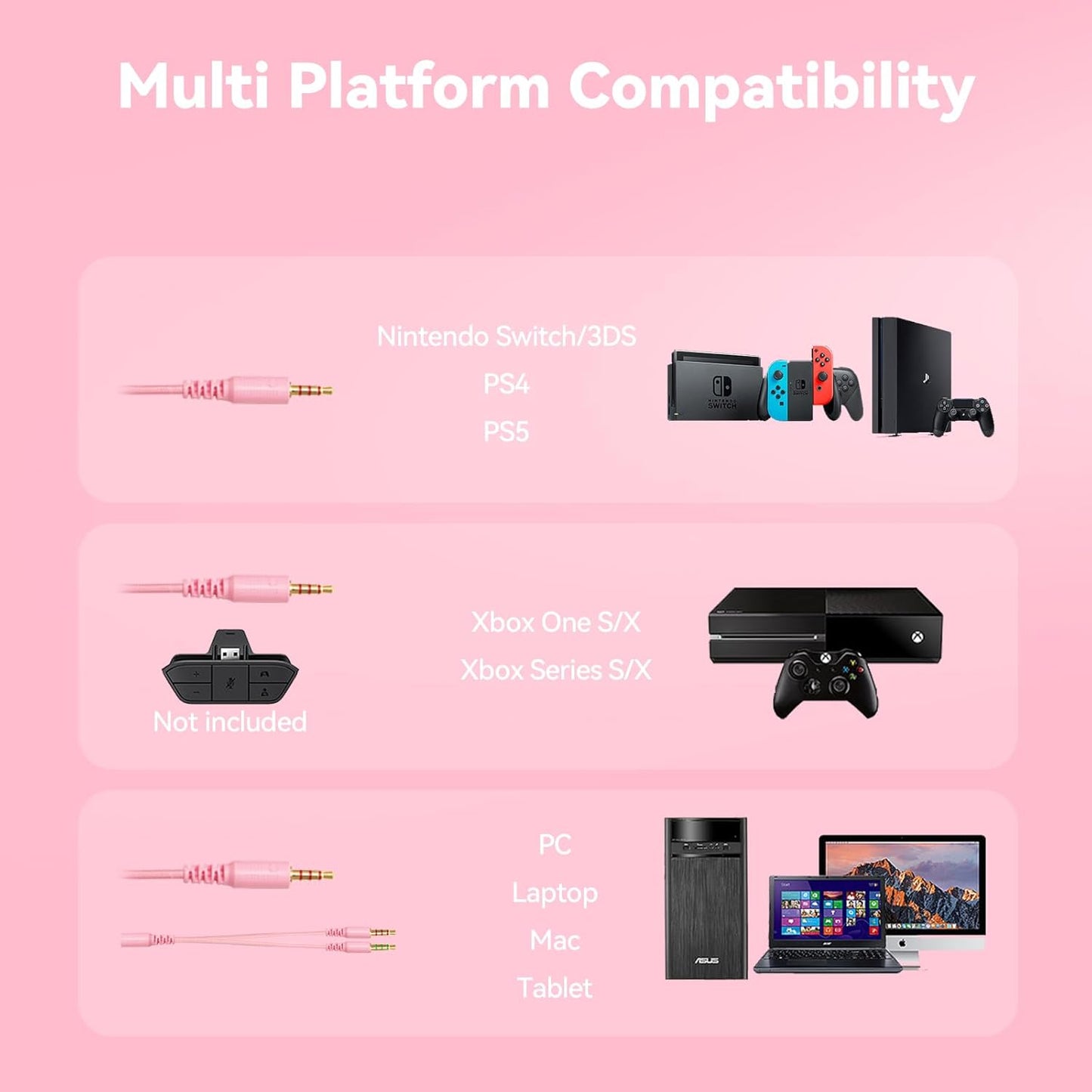 Gaming Headset with Microphone for Pc, Xbox One Series X/s, Ps4, Ps5, Switch, Stereo Wired Noise Cancelling Over-Ear Headphones with Mic, RGB, for Computer, Laptop, Mac, Nintendo, Gamer (Pink)