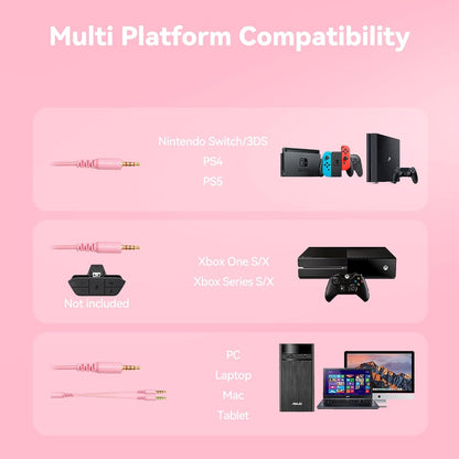 Gaming Headset with Microphone for Pc, Xbox One Series X/s, Ps4, Ps5, Switch, Stereo Wired Noise Cancelling Over-Ear Headphones with Mic, RGB, for Computer, Laptop, Mac, Nintendo, Gamer (Pink)