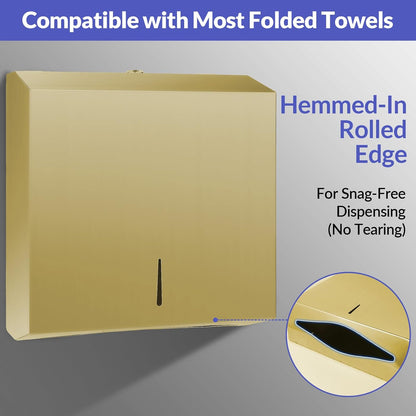 Paper Towel Dispenser Wall Mount, Brushed Gold Stainless Steel Commercial Paper Towel Holder with Lock, Large Capacity 250 C Fold/300 Multifold Towels