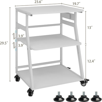 Natwind 23.6"x19.7" Large Printer Stand,3 Tier Printer Table with Charging Station, Rolling Cart with Adjustable Storage Shelf for Home Office Organization, Stand for Heat Press,3D Printer (White)
