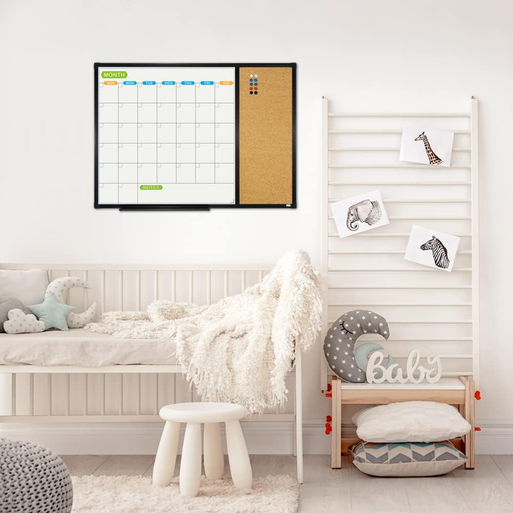 JILoffice Magnetic Calendar Whiteboard & Bulletin Corkboard Combination, Combo Board 28 x 20 Inch, Black Aluminum Frame Wall Mounted Board for Office Home and School with 10 Push Pins