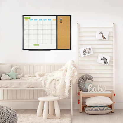 JILoffice Magnetic Calendar Whiteboard & Bulletin Corkboard Combination, Combo Board 28 x 20 Inch, Black Aluminum Frame Wall Mounted Board for Office Home and School with 10 Push Pins