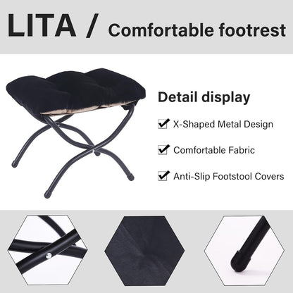LITA Folding Upholstered Footrest Stool, Modern Small Portable Accent Ottoman with Detachable Thick Cotton Cushion Padded Sofa Stool with Metal Frame for Lazy Chair, Living Room & Bedroom, Plush Black