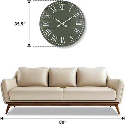 Large Wall Clock with Roman Numeral, 35” Shiplap Wall Clock Farmhouse Nearly Non-Ticking, Round Clock for Living Room Decor, Office, Bedroom, Entrance, Green