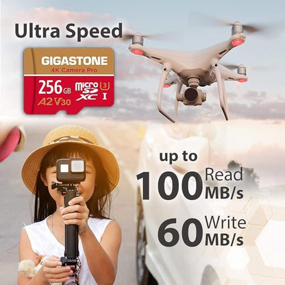 【5-Years Data Recovery】 GIGASTONE 256GB Micro SD Card, 4K Camera Pro, A2 V30 for Smartphone, Gopro, Action Cams, 4K UHD Video, Nintendo-Switch Compatible, Up to 100MB/s, UHS-I U3 C10 with Adapter