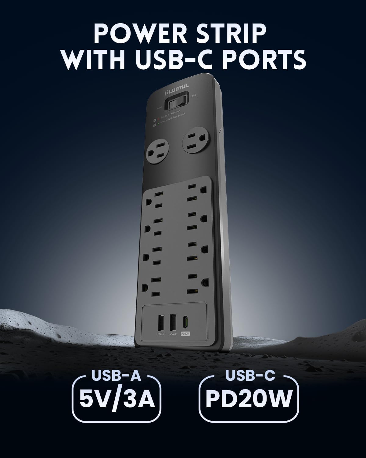 Surge Protector Power Strip 25FT, PLUGTUL Surge Protector with 10 Outlets - Spacious Design for Large Plugs, Flat Plug, 20W USB C Charging for Home, Office, ETL Listed, 2040J