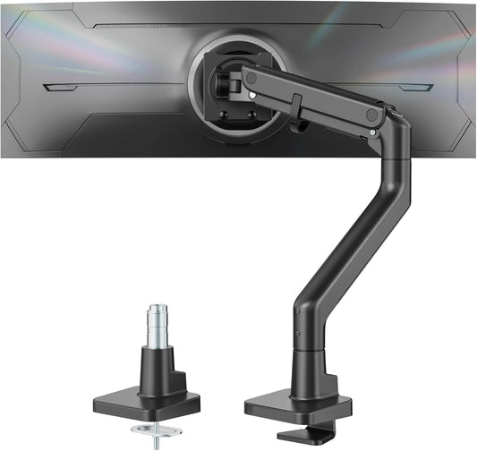 monTEK Heavy-Duty Monitor Arm for 17-57" Ultrawide Curved Screen, Supports up to 59.4 lbs, Adjustable Gas Spring Arm, 75/100 VESA Mount, Clamp & Grommet Desk Monitor Mount Single, Black