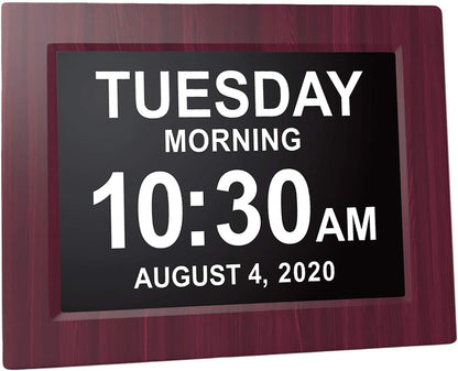 American Lifetime, Upgraded Version, Day Clock Extra Large Impaired Vision Digital Clock with Battery Backup and 5 Alarm Options, Premium Mahogany Color, 8 inch