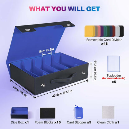 Trading Card Storage Box with Commander Display, 5 Row Magic Card Box with Handle & Aluminum Alloy Locking for 3900+ Unsleeved Cards Suits for MTG PTCG TCG Sports Cards (Black Blue)