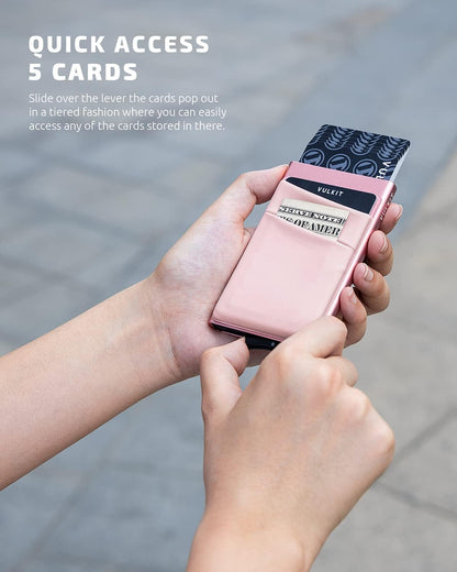 VULKIT Card Holder with Money Pocket Pop Up Wallet RFID Blocking Slim Metal Bank Card Case Holds 5 Cards and Notes