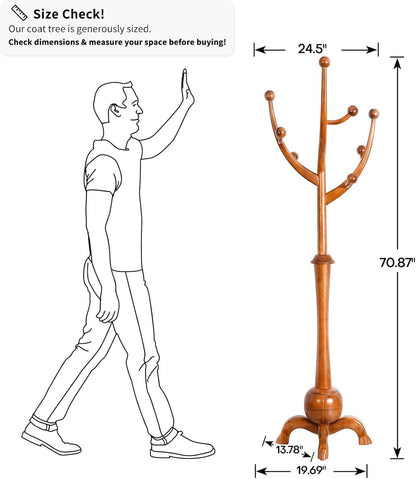 Coat Rack Freestanding Wood Tree Rack with 8 Hooks, Creative Design Tree Branch-look, Coat Tree Clothes Hanger Stand with Stable Sphere Base for Entryway, Hallway, Bedroom - Load 160lbs (Light Brown)