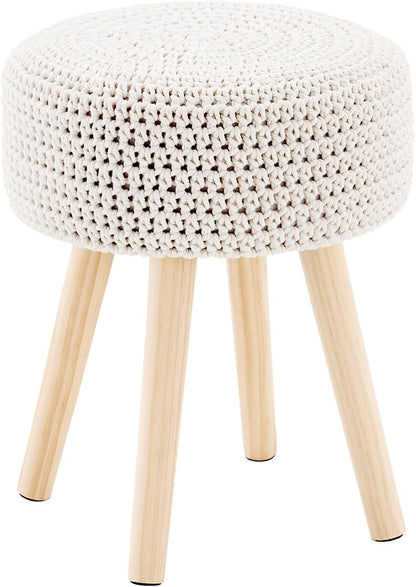 Cotton Knitted Ottoman Round Footstool Vanity Stool Modern Stool Ottoman Footrest Stool with Non-Skid Wood Legs for Living Room Bedroom White