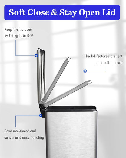 Rubbish Bin with Lid, 10 L, Stainless Steel Waste Bin, Bathroom, Pedal Bin, Stainless Steel for Bathroom, Bedroom and Office