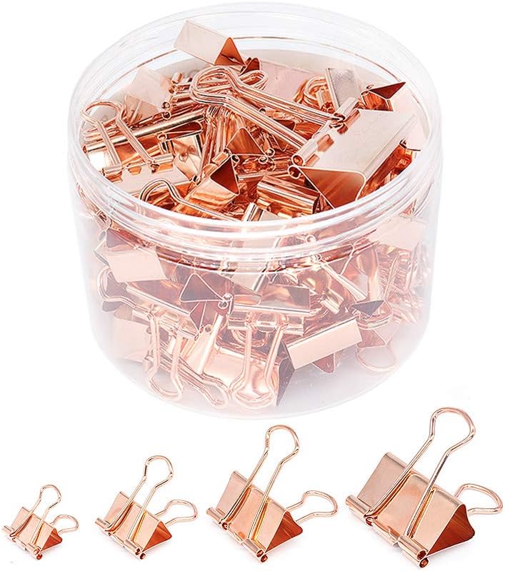 Binder Clip Paper Clamps, Assorted Sizes (Mini, Small, Medium, Large), 100 Pcs Clips for Office School Supplies (Rose Gold)