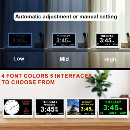 Alarm Clock with Day and Date for Elderly Digital Calendar Clock Photo Frame- Auto Dimmable Display 15 Alarm Options (10inch White)