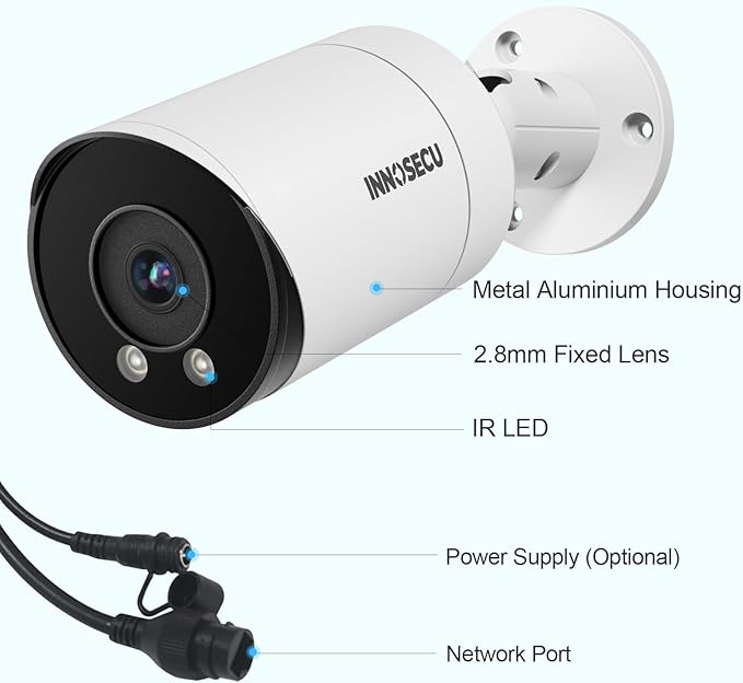 4MP PoE Camera with 2.8mm Lens 110° Wide Angle Viewing, Outdoor Security IP Bullet Camera, Waterproof IP67, 100ft Night Vision, Built-in Mic/Audio, Human/Vehicle Detection, INB4FR49E