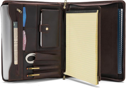 Genuine Leather Portfolio with Front Pocket for Men and Women, 8.5 x 11 Legal Pad Notepad Holder, Zippered Business Organizer, Professional Executive Letter Notebook Folder for Work, Dark Brown