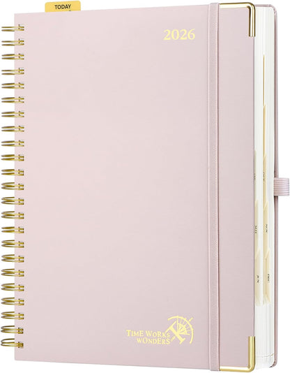POPRUN 2026 Daily Planner One Page A Day - [A4 Large Size 8.25" x 12" -Spiral Hard Cover], Agenda 2026 Hourly Appointment Book with Monthly Calendar, Pen Holder, Ivory Paper -Light Pink