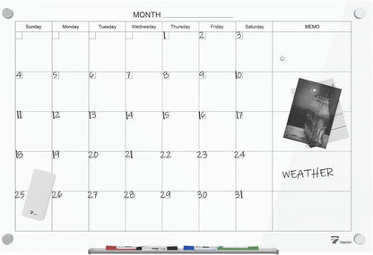TOWON 47 x 35 Inch Glass Dry Erase Board, Magnetic Whiteboard Calendar, Monthly Planner Set, White