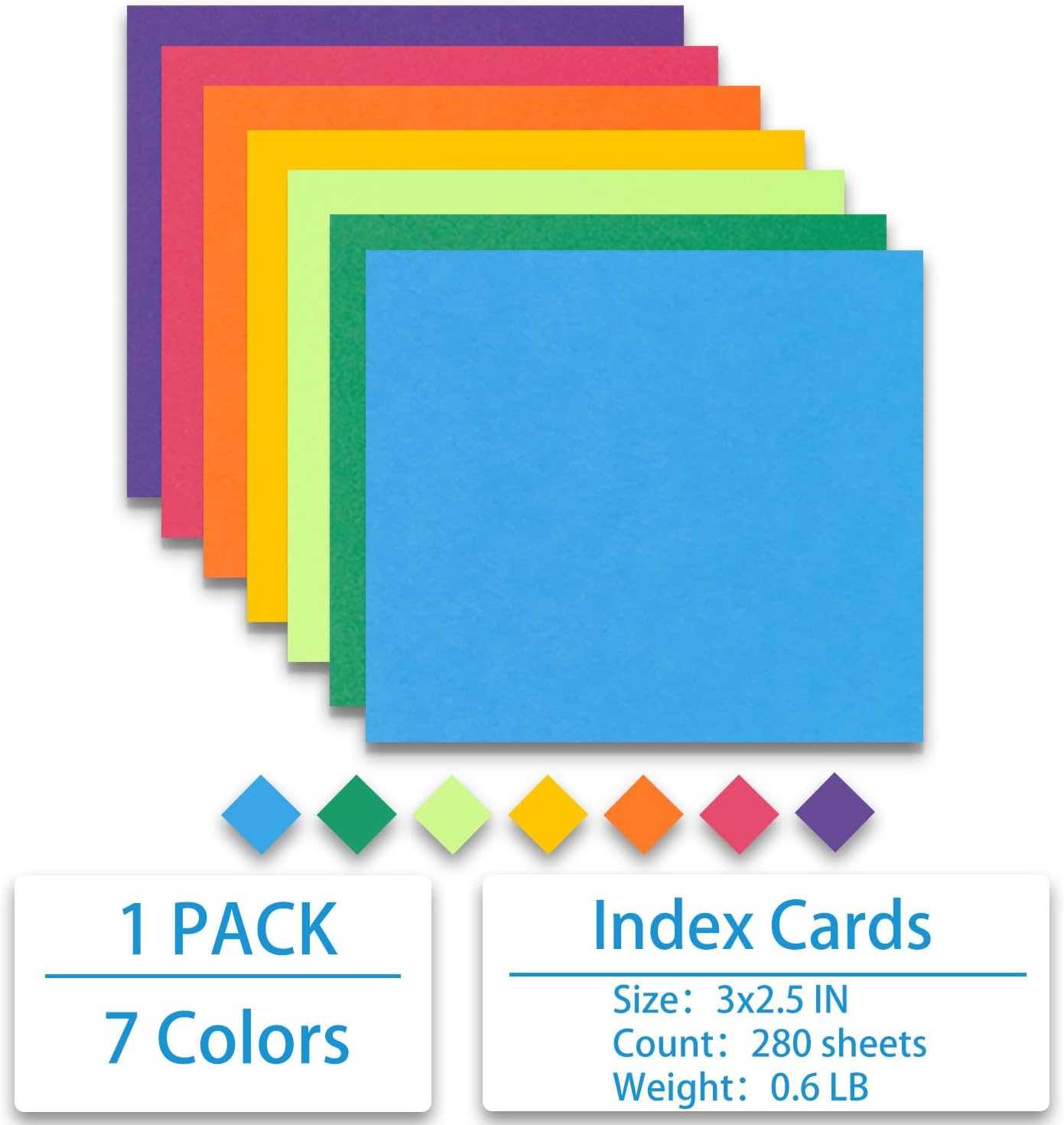 Index Cards 280-Count 2.5x3 Inch,178GSM Heavyweight Set of 7 Colors Paper Multicolor Study Cards (Rainbow)