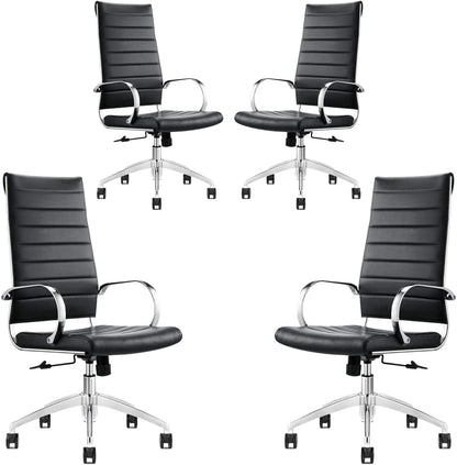 Ribbed High Back Conference Room Chairs- Lumbar Support, Modern Style Executive Chair for Home and Office - 360 Swivel Rolling Wheels - Aluminum Chrome Frame & Base - Black (Pack of 4)