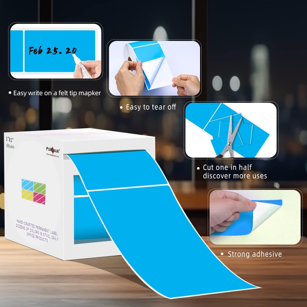 PARLAIM 3 X 5 Inch Rectangle Permanent Adhesive Color Coding Stickers,Square Sky Blue Inventory Stickers -500 Per Dispenser Box(Sky Blue)