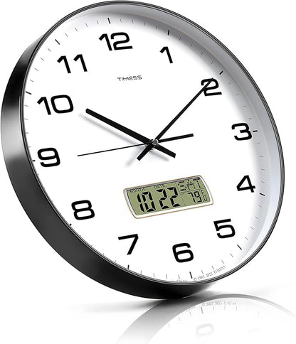 Wall Clock, 12" Dial Non-Ticking Silent Battery Operated Analog with LCD Display for Perpetual Calendar and F° Temperature, Ideal Modern Home, Bedroom, Kitchen, Office Decor (Black)