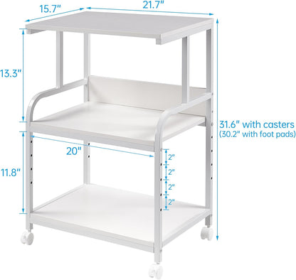 White Printer Stand with Storage, 3 Tier Printer Table with Height Adjustable Shelf, Rolling Printer Cart with Wheels for Home Office Organization