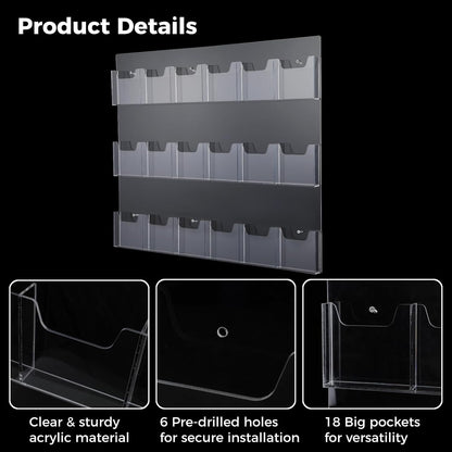 18 Pockets Acrylic Brochure Pamphlet Holder Wall Mount, 4 inches Pocket Brochure Display Stand, Pamphlet Display Stand Wall Mount, Clear Plastic Trifold Flyer Rack Literature Holder