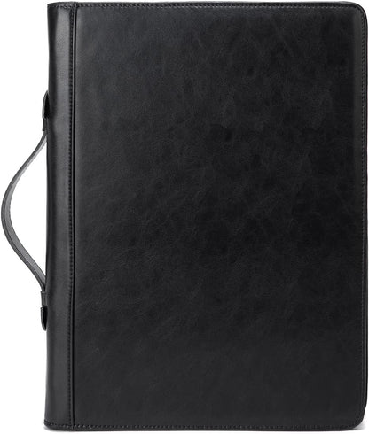 Vegan Leather Portfolio 3 Ring Binder with Clipboard, Hidden Handle, 8.5 x 11 Zippered Padfolio, Business Organizer Professional Executive Folio for Men and Women, Black