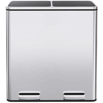 AthLike 60L(16 Gal) Dual Trash Can, Stainless Steel Kitchen Garbage Can, Double Compartment Classified Rubbish Bin, Recycle Dustbin w/Plastic Inner Buckets, Soft-Close Lid, Airtight, Silver